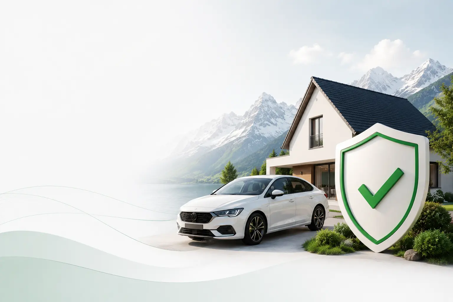 Maison suisse avec voiture et bouclier de protection devant un paysage alpin